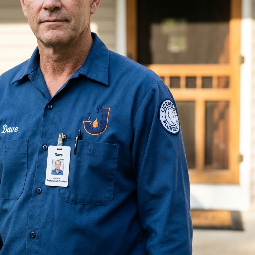 Licensed plumber showing ID badge in Adel, IA