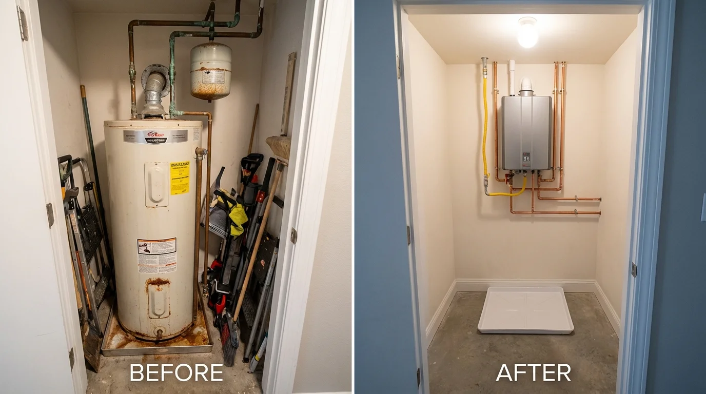 Tank water heater versus wall-mounted tankless unit comparison for Adel, IA homeowners