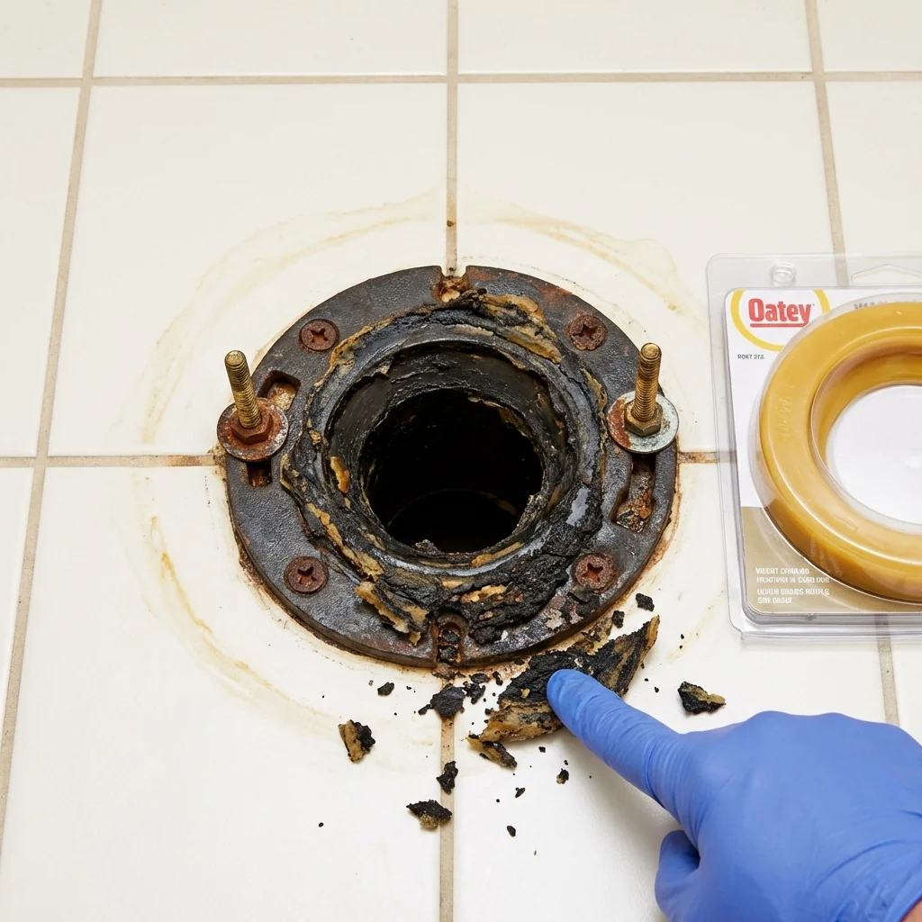 Failed wax ring showing water seepage at the base of a toilet in a Adel, IA home