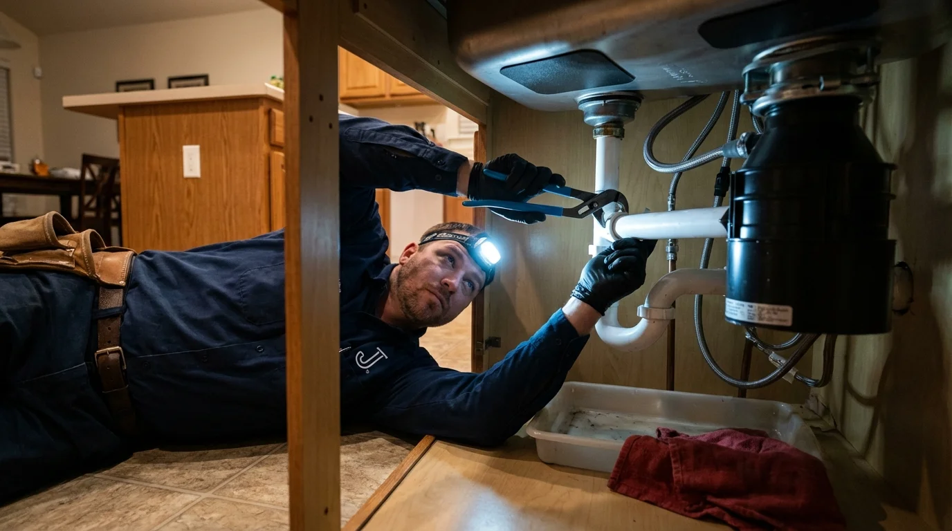 P-trap and supply line connections under a kitchen sink showing a common leak point in Adel, IA